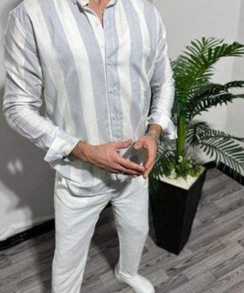 Cotton Striped Shirt Full Sleeve With Neck And Buttons For Men - White Grey