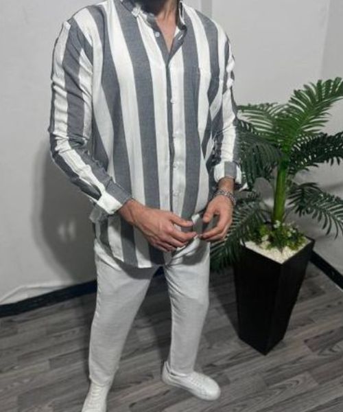 Cotton Striped Shirt Full Sleeve With Neck And Buttons For Men - White Dark Grey