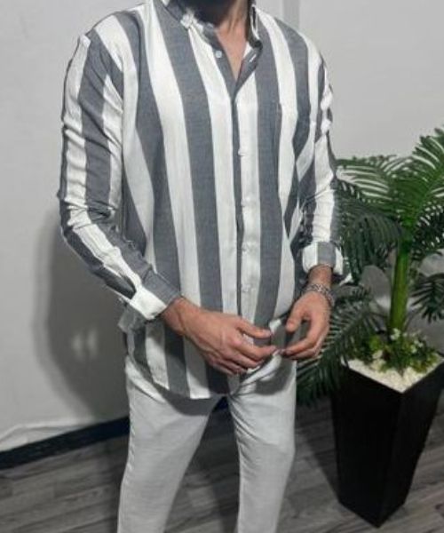 Cotton Striped Shirt Full Sleeve With Neck And Buttons For Men - White Dark Grey