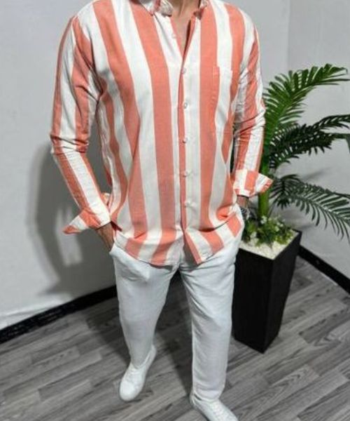 Cotton Striped Shirt Full Sleeve With Neck And Buttons For Men - White Orange
