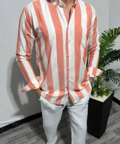 Cotton Striped Shirt Full Sleeve With Neck And Buttons For Men - White Orange