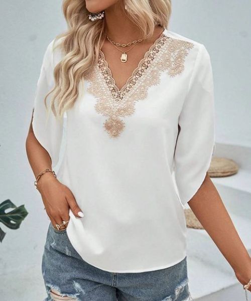 Shein Decorated With Lace Blouse Short Sleeve V Neck For Women - White