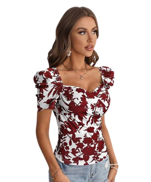 Shein Floral Printed Blouse Short Sleeve V Neck For Women - White Dark Red
