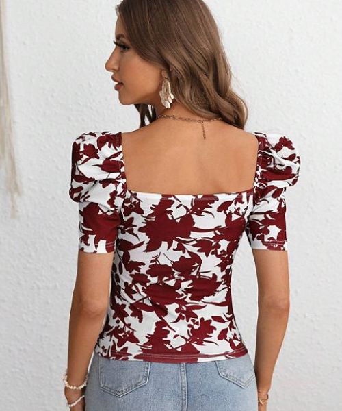 Shein Floral Printed Blouse Short Sleeve V Neck For Women - White Dark Red