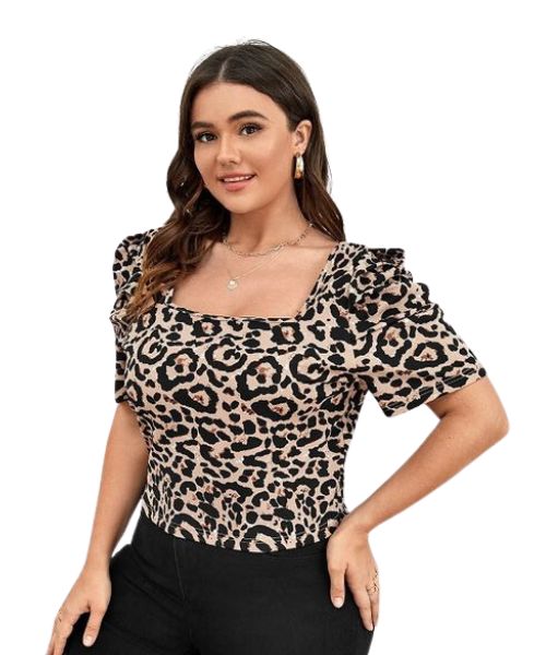 Shein Leopard Printed  Blouse Short Sleeve Square Neck For Women - Black Beige