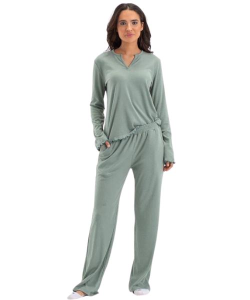 Carine Solid Pajama Long Sleeve 2 Pieces For Women - Mint Green