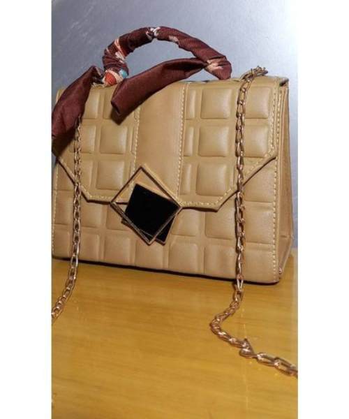 Quilted Flap Shoulder Bag Faux Leather With Chain Hand For Women 15X20 Cm - Beige