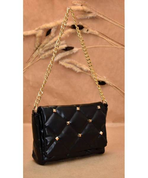 Quilted Flap Shoulder Bag Faux Leather With Chain Hand For Women 24X17 Cm - Black