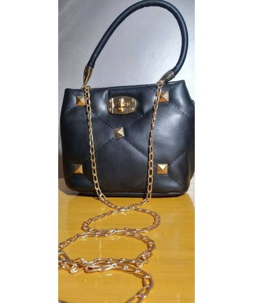 Decorated Shoulder Bag Faux Leather With Chain Hand For Women 17X20 Cm - Black
