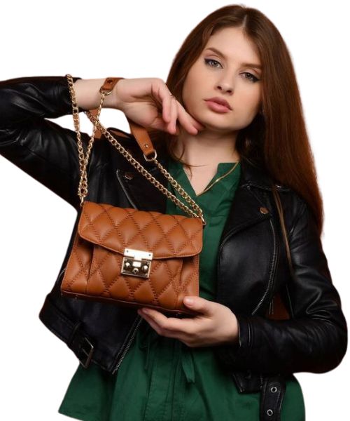 Quilted Flap Shoulder Bag Faux Leather With Chain Hand For Women 15X22X8 Cm - Havana