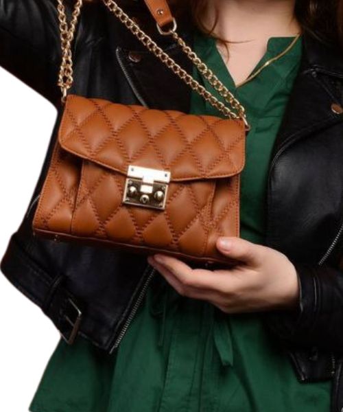 Quilted Flap Shoulder Bag Faux Leather With Chain Hand For Women 15X22X8 Cm - Havana