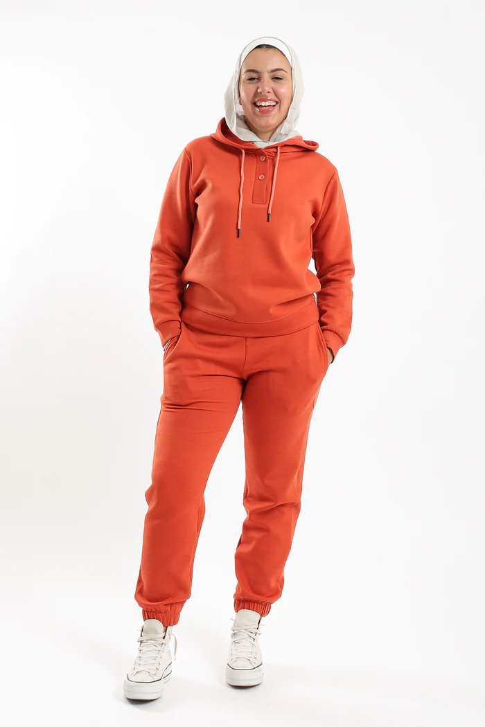 Carine Solid Hoodie Full Sleeve With Neck With Buttons For Women - Orange