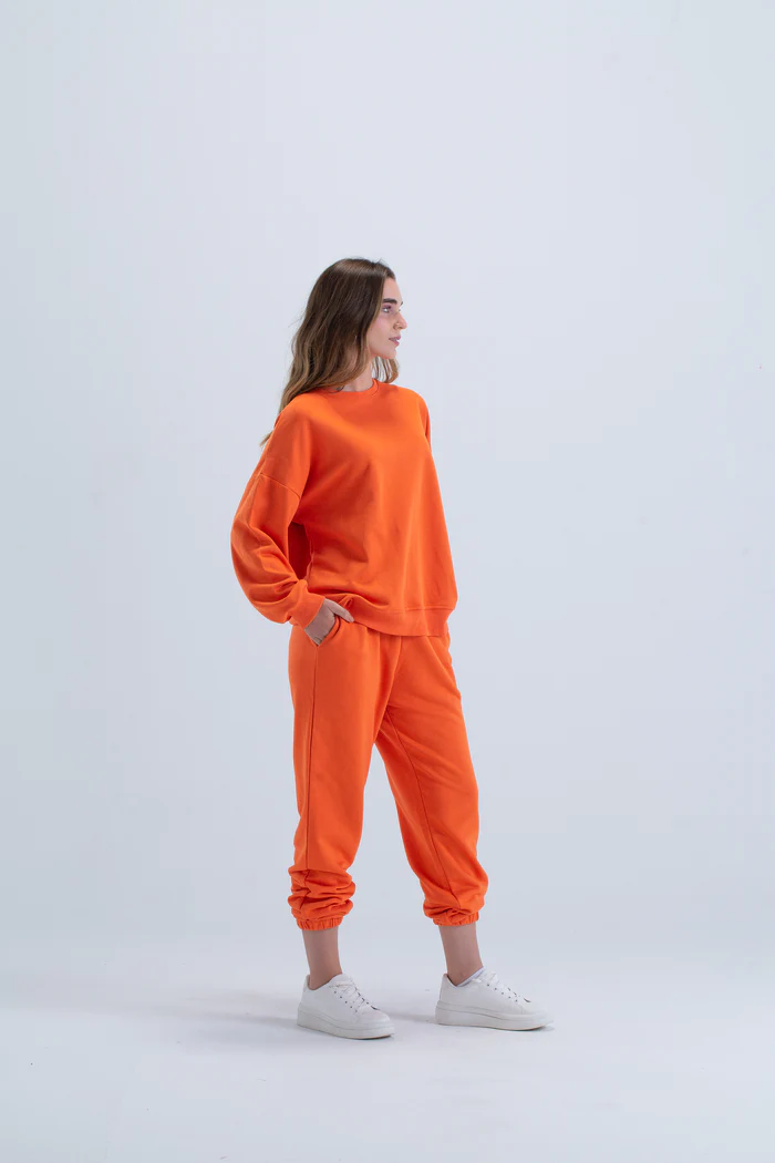 Carine Solid Cotton Sweatshirt Full Sleeve Round Neck For Women - Orange