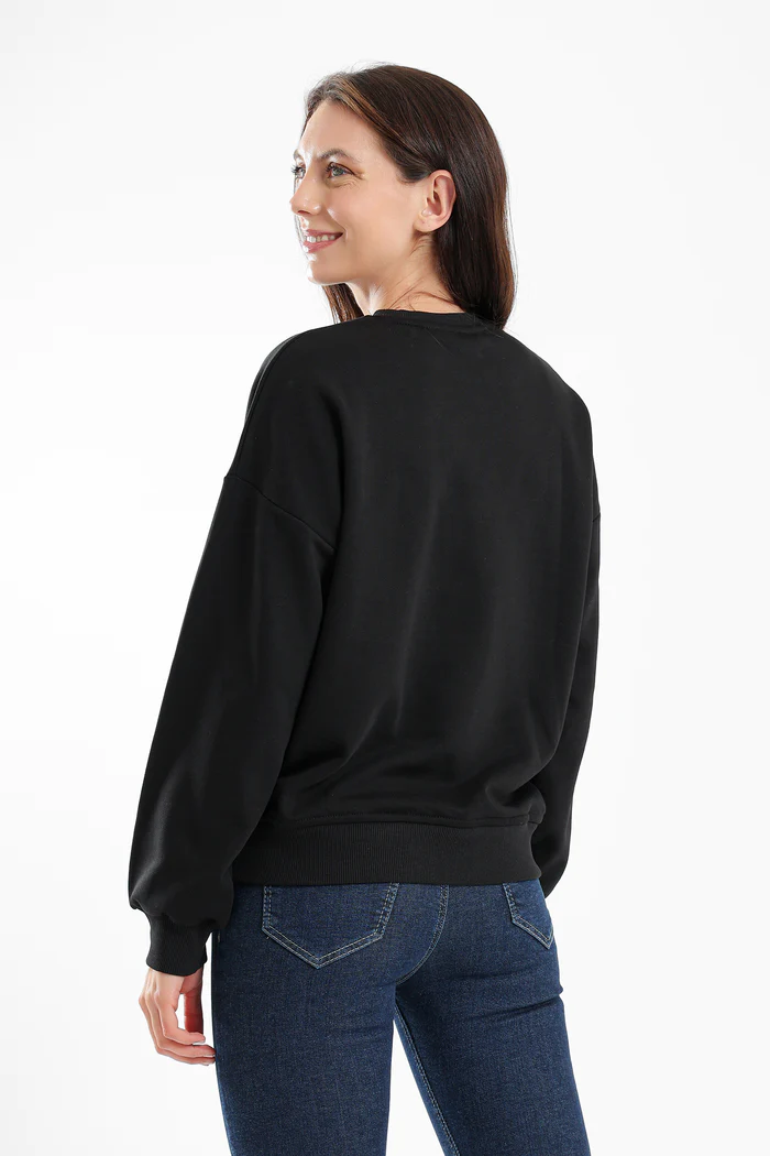 Carine Solid Cotton Sweatshirt Full Sleeve Round Neck For Women - Black