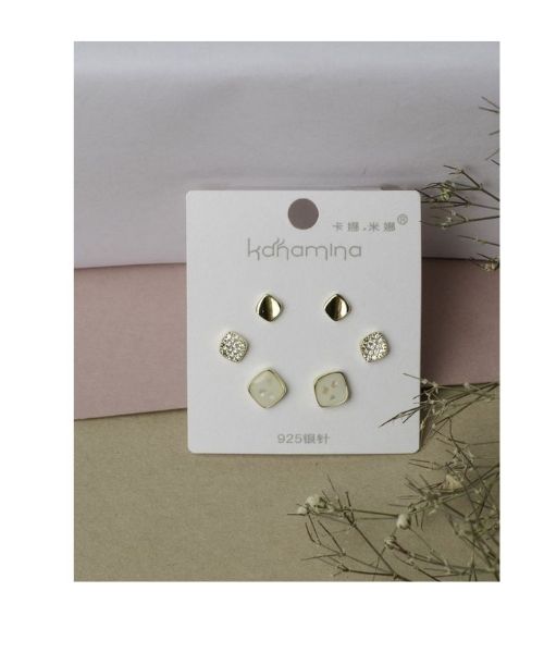 Stainless Steel Earring Square Shape For Women 3Pieces - White Gold