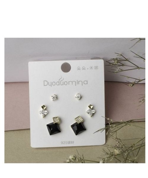 Stainless Steel Earring Squares Shape For Women 3Pieces - Multi Color