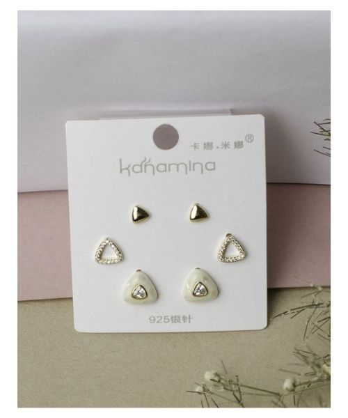 Stainless Steel Earring Triangle Shape For Women 3Pieces - White Gold