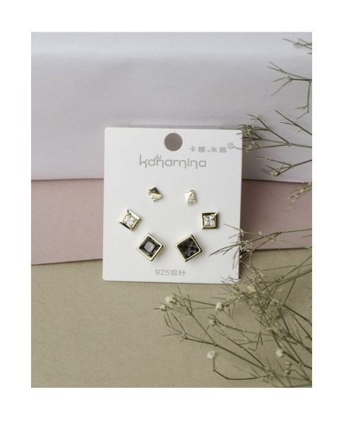 Stainless Steel Earring Square Shape For Women 3Pieces - Multi Color