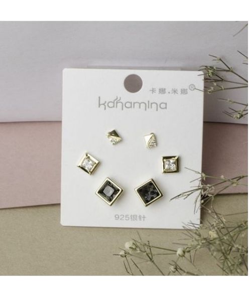 Stainless Steel Earring Square Shape For Women 3Pieces - Multi Color