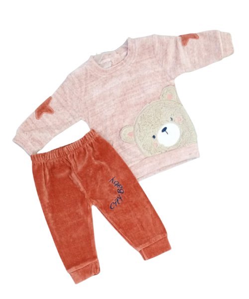 Bear Print Velvet Pajama Full Sleeve Round Neck For Baby Dark Orange