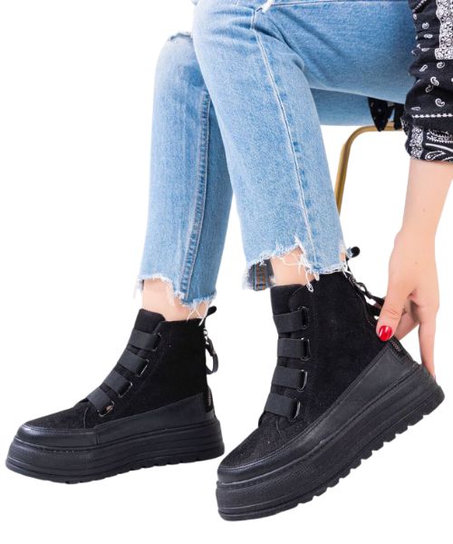 Solid Medium Heel Half Boot With Elastic And Zipper For Women - Black