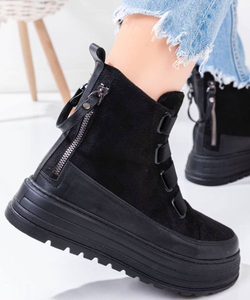 Solid Medium Heel Half Boot With Elastic And Zipper For Women - Black