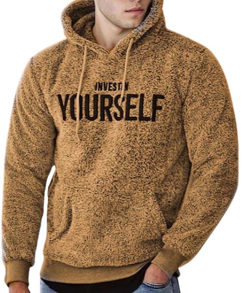Printed Fur Hoodie With Pockets Full Sleeve For Men - Brown