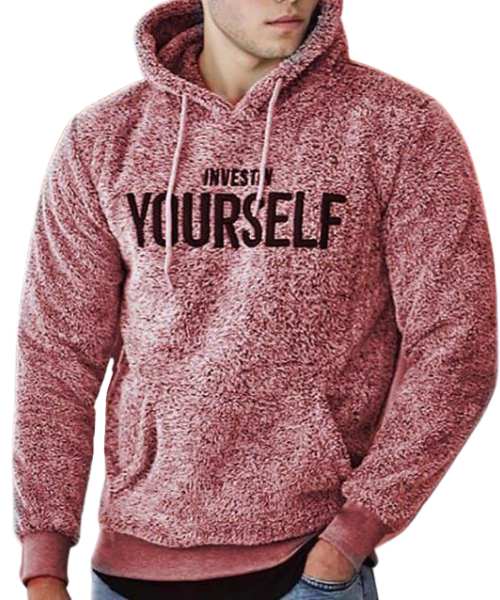 Printed Fur Hoodie With Pockets Full Sleeve For Men - Pink