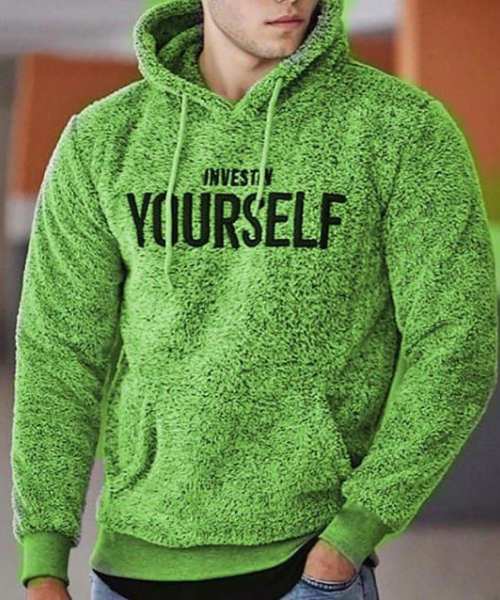Printed Fur Hoodie With Pockets Full Sleeve For Men - Green