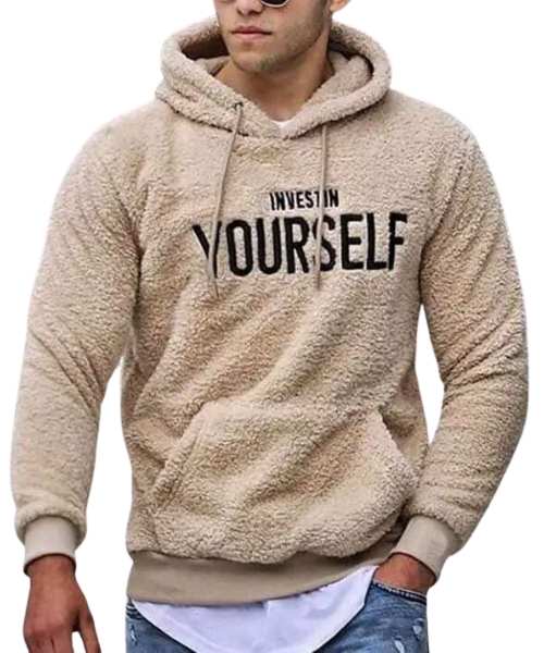 Printed Fur Hoodie With Pockets Full Sleeve For Men - Beige