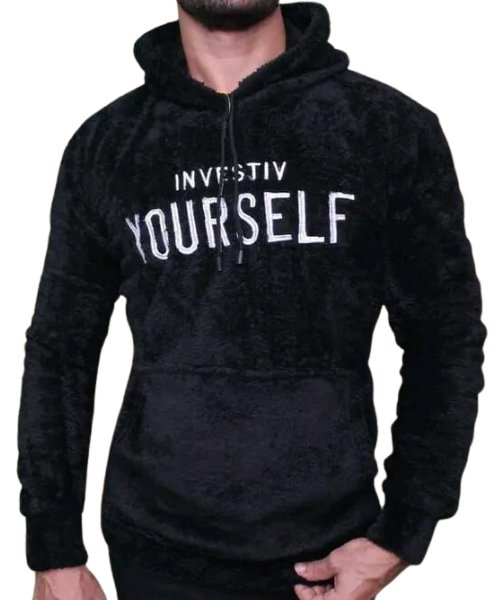 Printed Fur Hoodie With Pockets Full Sleeve For Men - Black