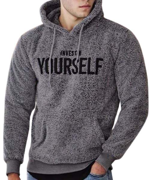 Printed Fur Hoodie With Pockets Full Sleeve For Men - Grey
