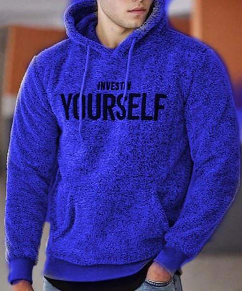 Printed Fur Hoodie With Pockets Full Sleeve For Men - Blue