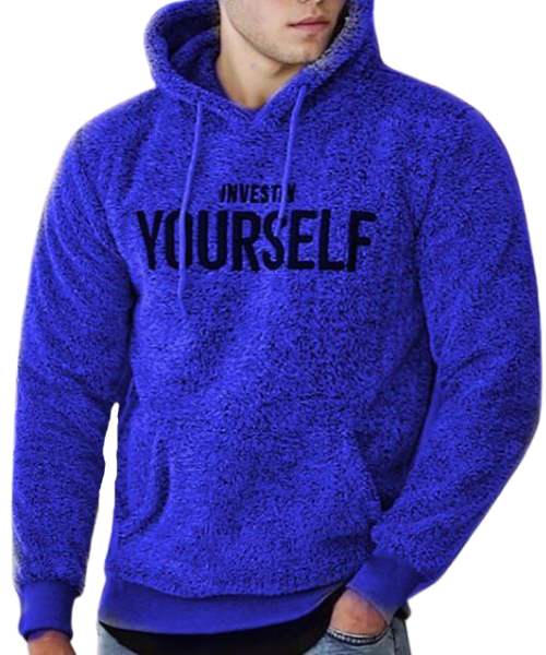 Printed Fur Hoodie With Pockets Full Sleeve For Men - Blue