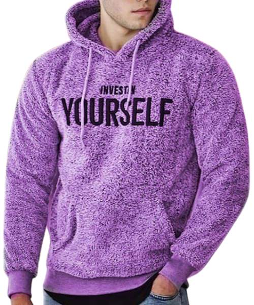 Printed Fur Hoodie With Pockets Full Sleeve For Men - Purple