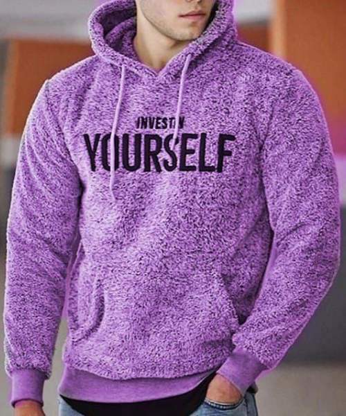 Printed Fur Hoodie With Pockets Full Sleeve For Men - Purple