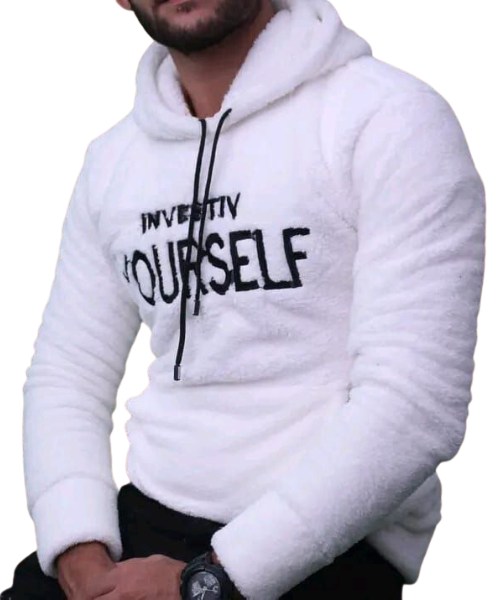 Printed Fur Hoodie With Pockets Full Sleeve For Men - White