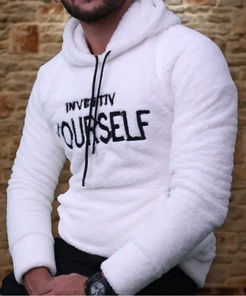 Printed Fur Hoodie With Pockets Full Sleeve For Men - White