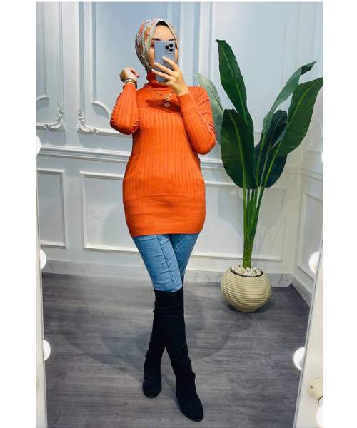 Solid Pullover Full Sleeve High Neck For Women - Orange