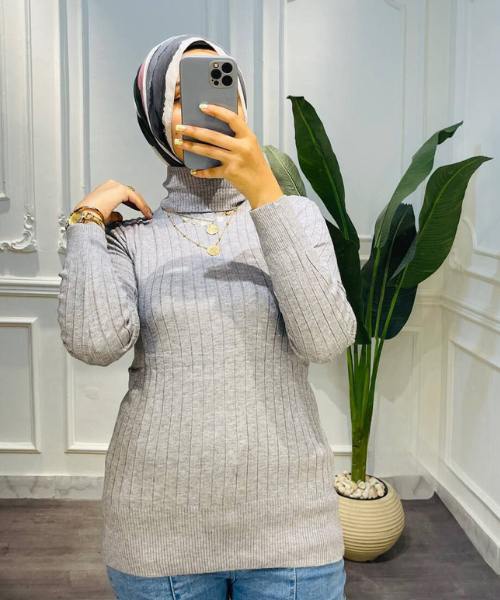 Solid Pullover Full Sleeve High Neck For Women - Grey