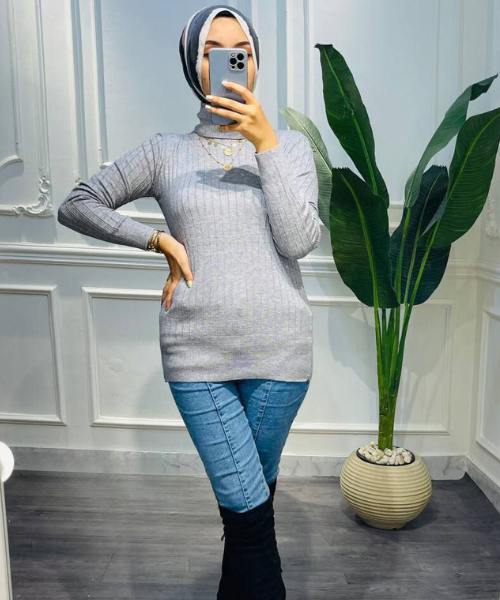 Solid Pullover Full Sleeve High Neck For Women - Grey