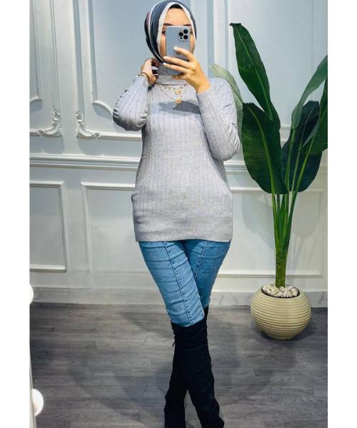 Solid Pullover Full Sleeve High Neck For Women - Grey