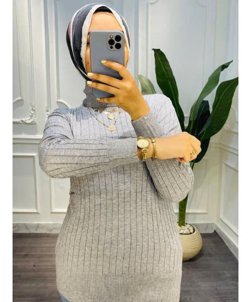 Solid Pullover Full Sleeve High Neck For Women - Grey