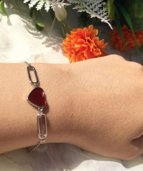 Italian Silver 925 Bracelet Heart Shape 3.15 Grams For Women - Sliver Red