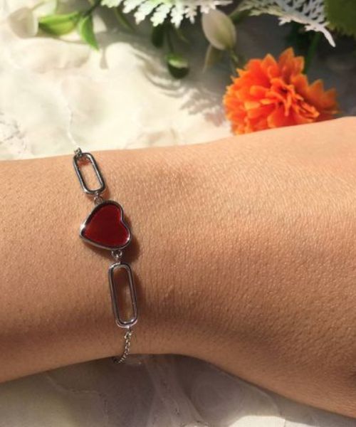 Italian Silver 925 Bracelet Heart Shape 3.15 Grams For Women - Sliver Red