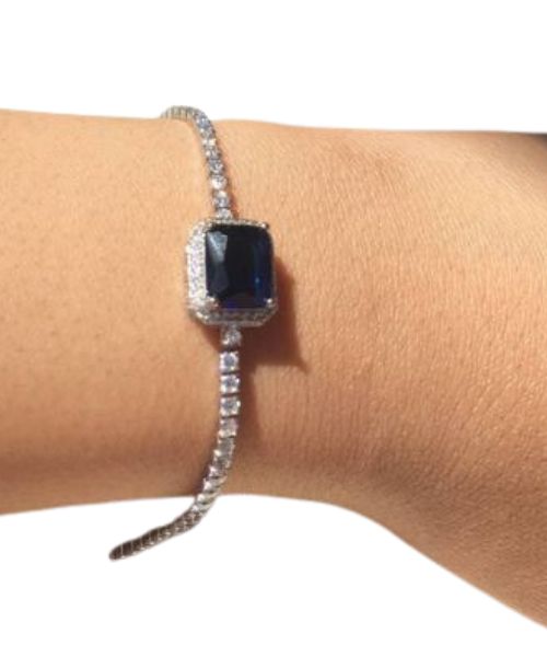 Italian Silver 925 Bracelet Square Shape Zircon Stone 5.75 Grams For Women - Sliver Blue