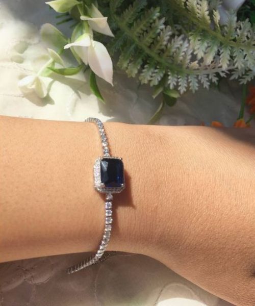 Italian Silver 925 Bracelet Square Shape Zircon Stone 5.75 Grams For Women - Sliver Blue