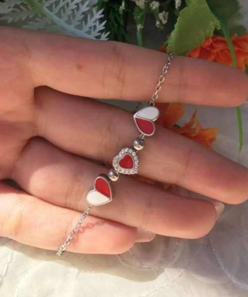 Italian Silver 925 Bracelet Heart Shape 6.70 Grams For Women - Red White