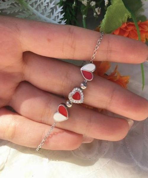 Italian Silver 925 Bracelet Heart Shape 6.70 Grams For Women - Red White