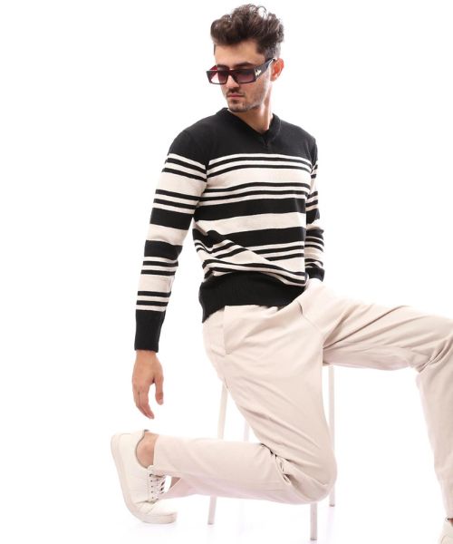 Andora Striped Cotton Pullover Full Sleeve V Neck For Men - Black White